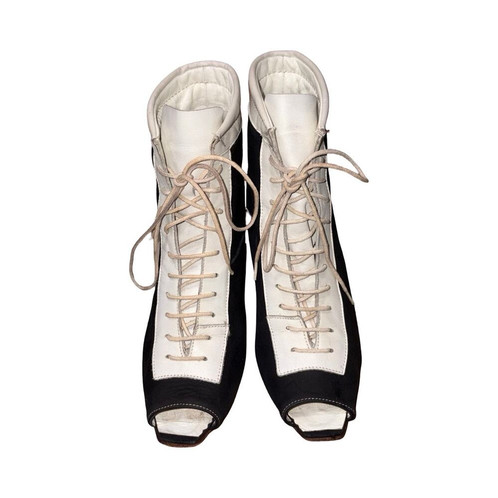 Vintage Free Lance Design by GYR Black White Lace Up Peep Toe Boots Size: 37/ 7 - Picture 2 of 9